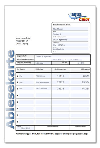 Muster Ablesekarte mit Wärmezähler