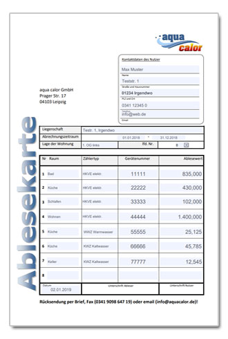 Muster Ablesekarte mit Heizkostenverteilern